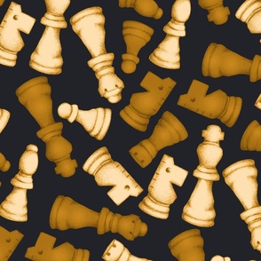 Once a Pawn a Chess Game - dark burnt mustard orange, yellow and cream on black - large scale 