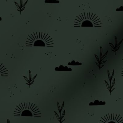 Sunrise morning sweet sun clouds and trees botanical boho garden fall forest green black