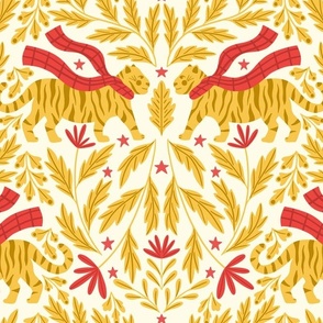 Cozy Tigers Damask - Large Scale Red Yellow