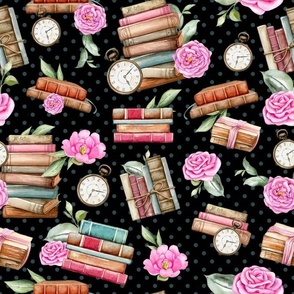 Bigger Scale Vintage Books and Pink Roses on Black