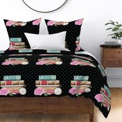 18x18 Pillow Sham Front Fat Quarter Size Makes 18" Square Cushion Vintage Books and Pink Roses on Black