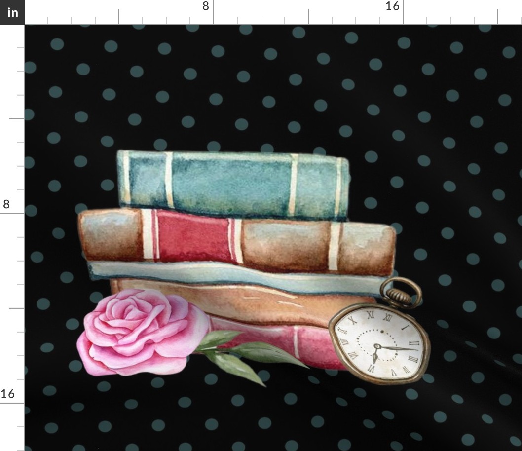 18x18 Pillow Sham Front Fat Quarter Size Makes 18" Square Cushion Vintage Books and Pink Roses on Black
