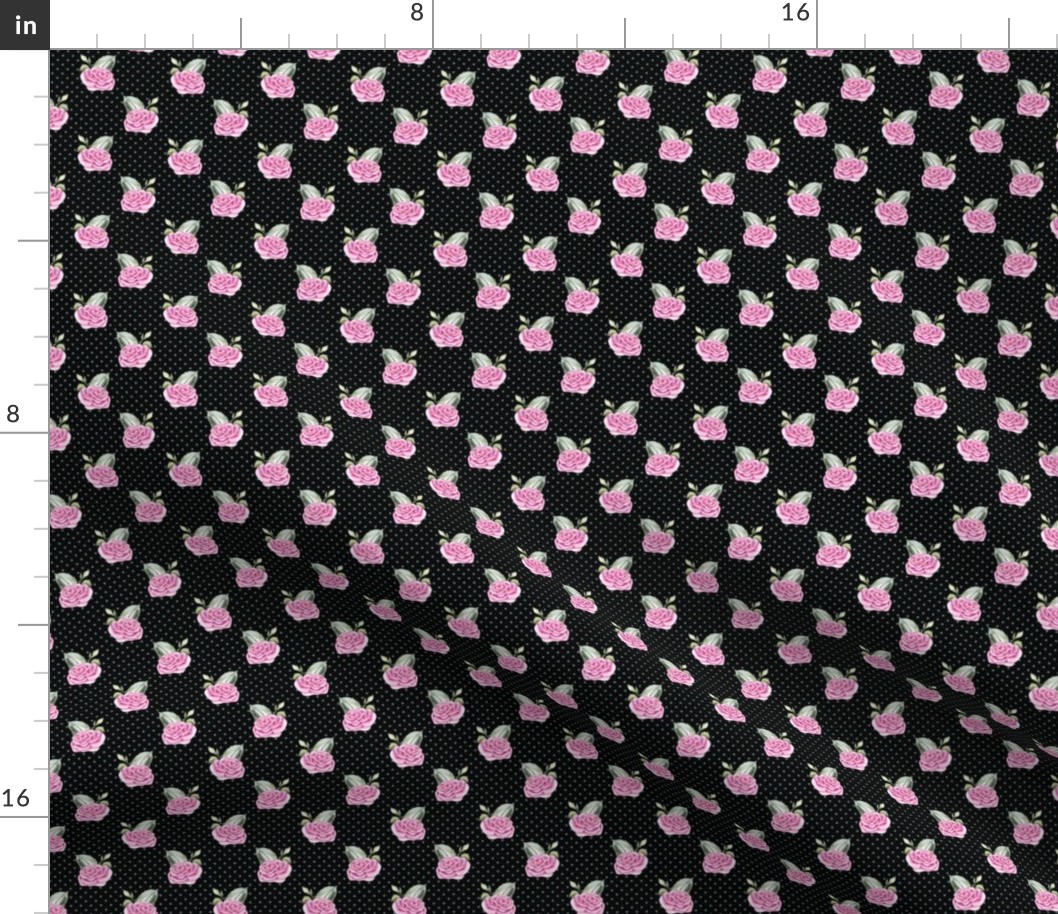 Small Scale Shabby Pink Roses Aqua Polkadots on Black