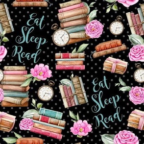 Large Scale Eat Sleep Read Vintage Books and Shabby Pink Roses on Black