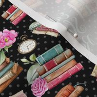 Medium Scale Eat Sleep Read Vintage Books and Shabby Pink Roses on Black