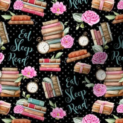 Medium Scale Eat Sleep Read Vintage Books and Shabby Pink Roses on Black