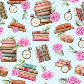 Bigger Scale Vintage Books and Shabby Pink Roses on Blue