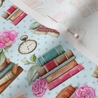 Smaller Scale Vintage Books and Shabby Pink Roses on Blue