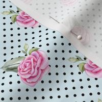 Medium Scale Shabby Pink Roses Black Polkadots on Light Blue