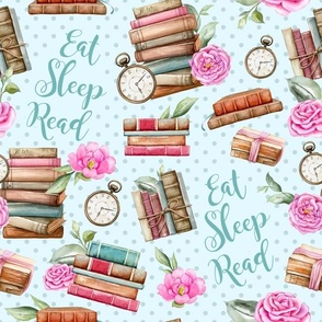 Large Scale Eat Sleep Read Vintage Books and Shabby Pink Roses on Light Blue