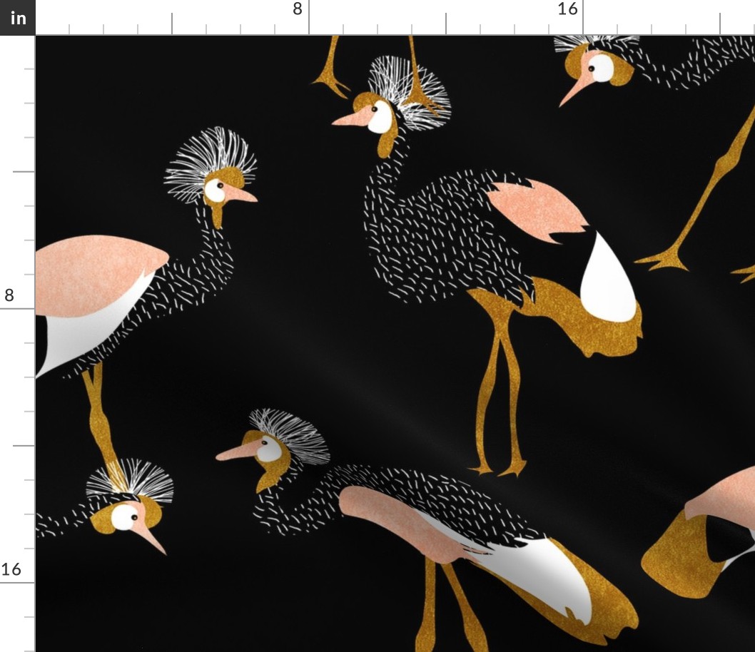 jumbo east african cranes - black white gold mustard and peach pink - textured