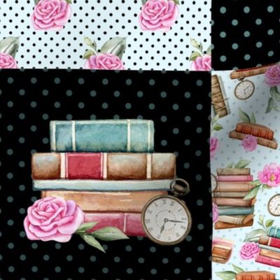 Patchwork 6" Square Cheater Quilt Eat Sleep Read Book Lover Vintage Books and Shabby Pink Roses