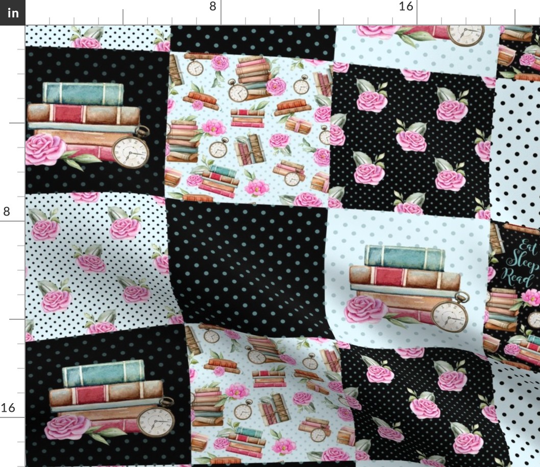 Patchwork 6" Square Cheater Quilt Eat Sleep Read Book Lover Vintage Books and Shabby Pink Roses