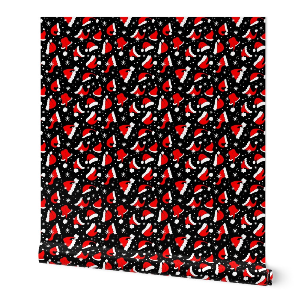 Medium Scale Red Santa Hats and Snowflakes on Black