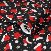 Medium Scale Red Santa Hats and Snowflakes on Black