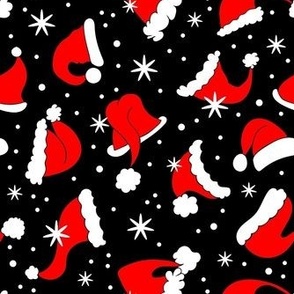 Medium Scale Red Santa Hats and Snowflakes on Black