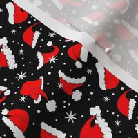 Small Scale Red Santa Hats and Snowflakes on Black