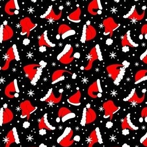 Small Scale Red Santa Hats and Snowflakes on Black