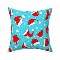 Large Scale Red Santa Hats and Snowflakes on Blue