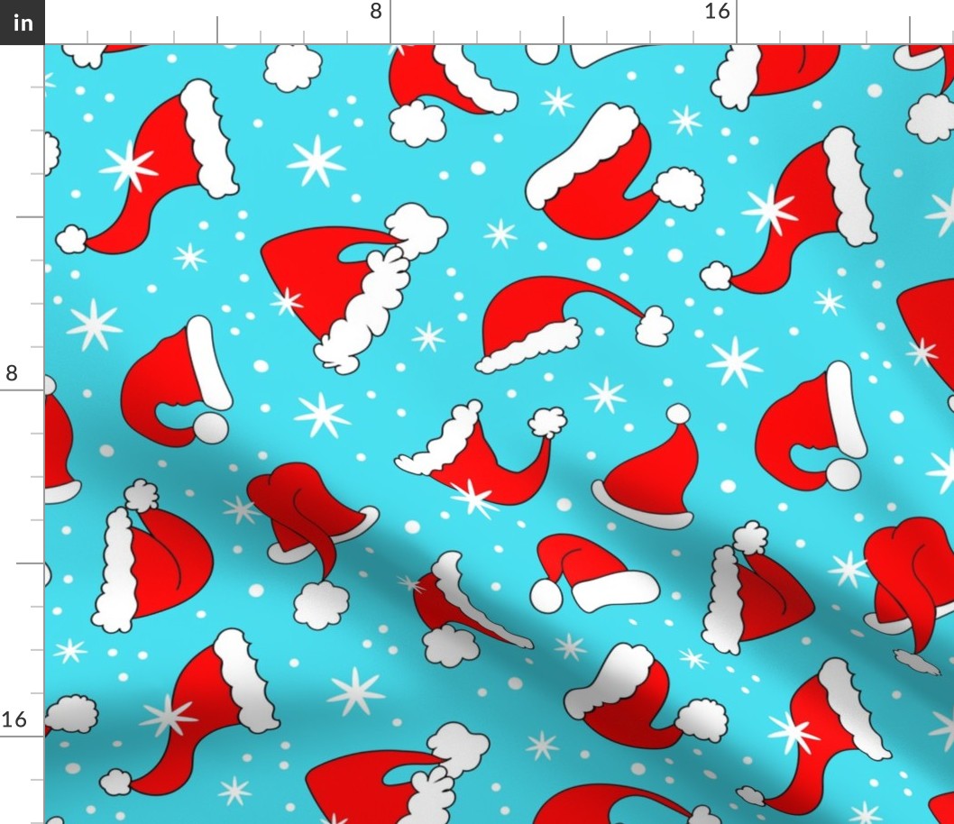 Large Scale Red Santa Hats and Snowflakes on Blue