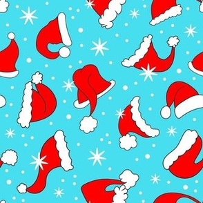 Medium Scale Red Santa Hats and Snowflakes on Blue