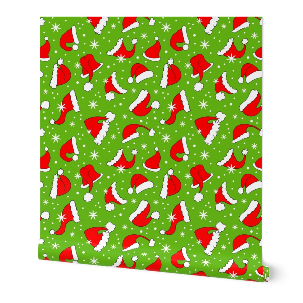 Large Scale Red Santa Hats and Snowflakes on Green