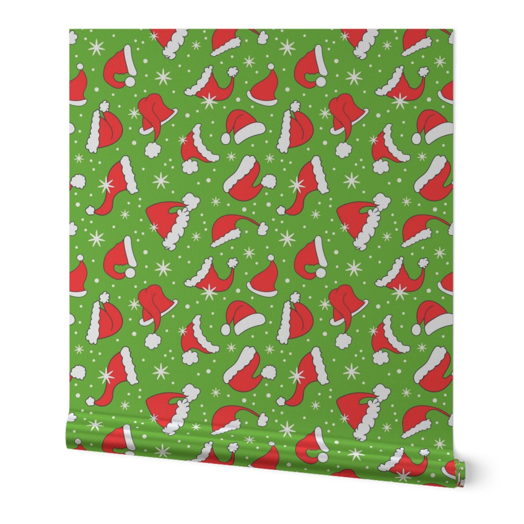 Large Scale Red Santa Hats and Snowflakes on Green