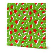 Large Scale Red Santa Hats and Snowflakes on Green