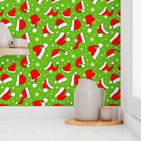 Large Scale Red Santa Hats and Snowflakes on Green