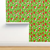 Large Scale Red Santa Hats and Snowflakes on Green