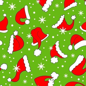 Large Scale Red Santa Hats and Snowflakes on Green