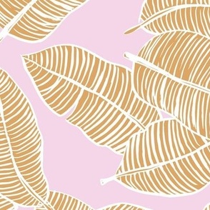 The messy jumbo banana leaf tropical boho leaves  jungle design for summer ochre freehand pink