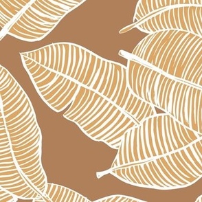 The messy jumbo banana leaf tropical boho leaves  jungle design for summer seventies brown ochre caramel