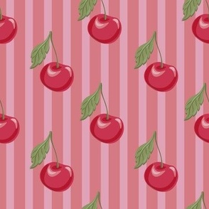 Cherry Lovers // Normal scale // Red Cherries Fuits Pink Coral Stripes Background