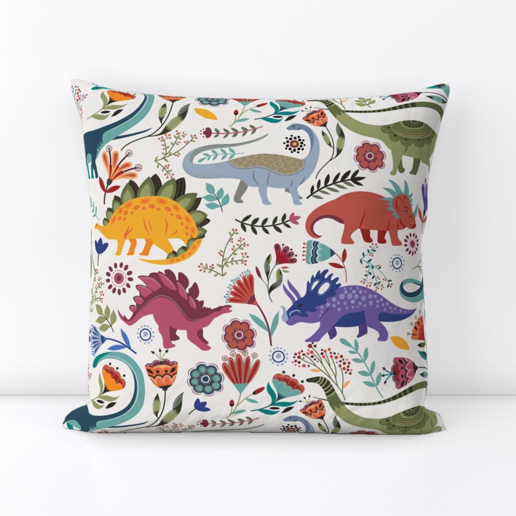 (L) Colorful dinosaurs with flowers on ecru white