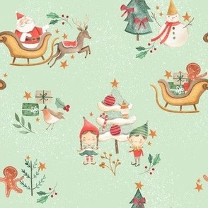 Christmas Watercolor Santa Claus and Elves with Christmas tree 