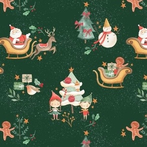 Christmas Watercolor Santa Claus and Elves with Christmas tree 