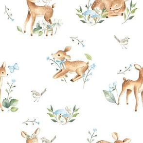 Baby deers watercolor pattern forest woodland animals white 