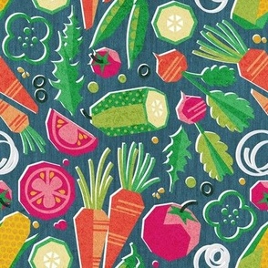 Small scale // Paper cut geo veggies // teal background yellow orange and green geometric salad vegetables