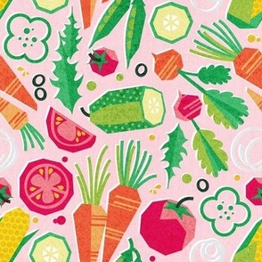 Small scale // Paper cut geo veggies // pink background yellow orange and green geometric salad vegetables