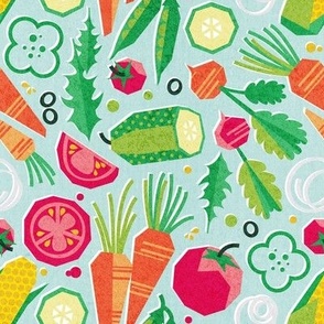 Small scale // Paper cut geo veggies // aqua background yellow orange and green geometric salad vegetables