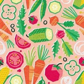 Small scale // Paper cut geo veggies // coral background yellow orange and green geometric salad vegetables