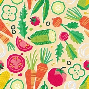 Small scale // Paper cut geo veggies // pale yellow background yellow orange and green geometric salad vegetables