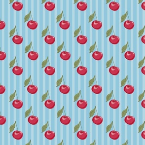 Cherries picnic // Large scale // Stone Fruits Red Cherries Blue Stripes Background