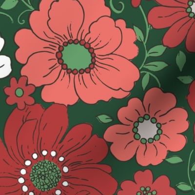 Camilla Retro Floral Christmas Green - extra large scale