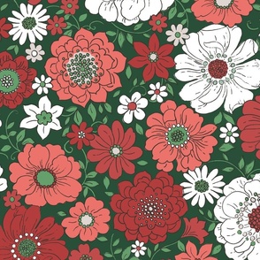 Camilla Retro Floral Christmas Green - extra large scale