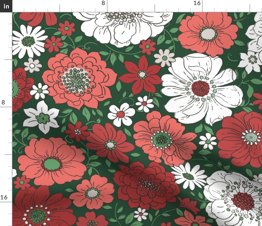 Camilla Retro Floral Christmas Green - extra large scale