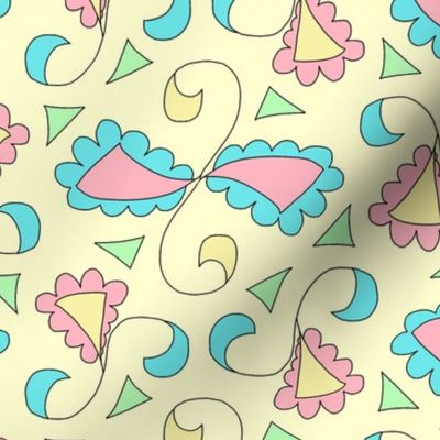 Retro Scalloped Triangles in Pastel Pink Blue and Yellow on Yellow