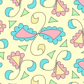 Retro Scalloped Triangles in Pastel Pink Blue and Yellow on Yellow