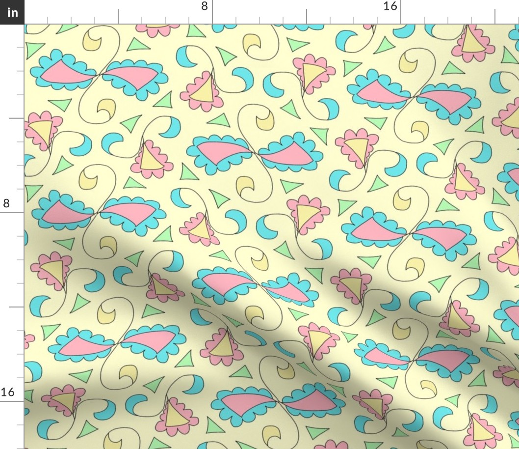 Retro Scalloped Triangles in Pastel Pink Blue and Yellow on Yellow